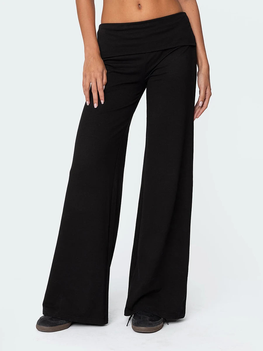 Fold over low rise wide leg pants on model - view 10