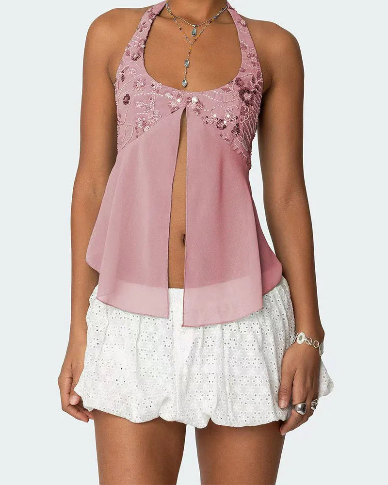 Open front sequin halter top on model - view 7