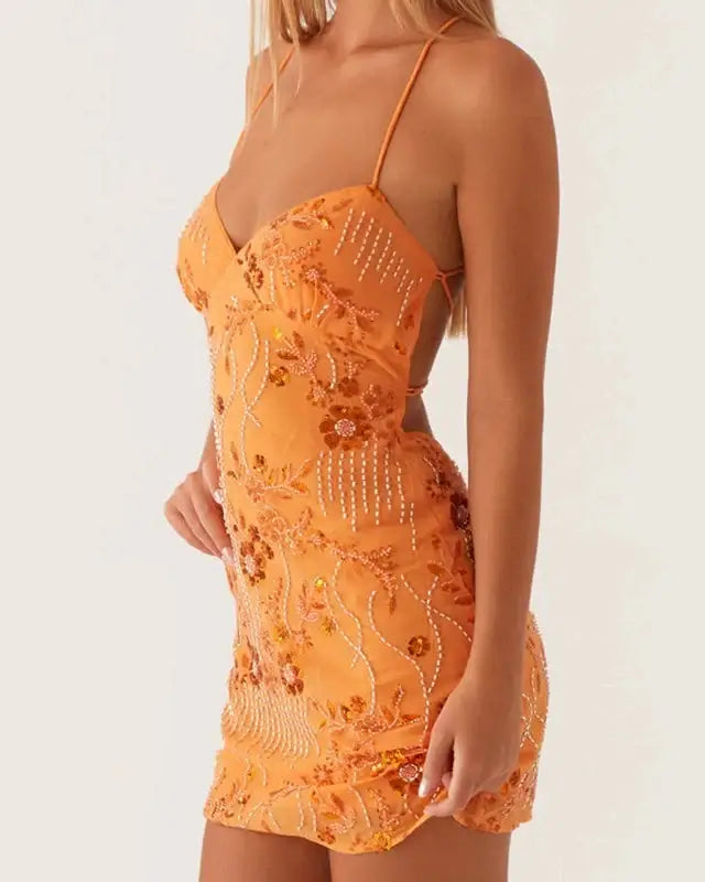 Sequin beaded cami mini dress on model - view 9
