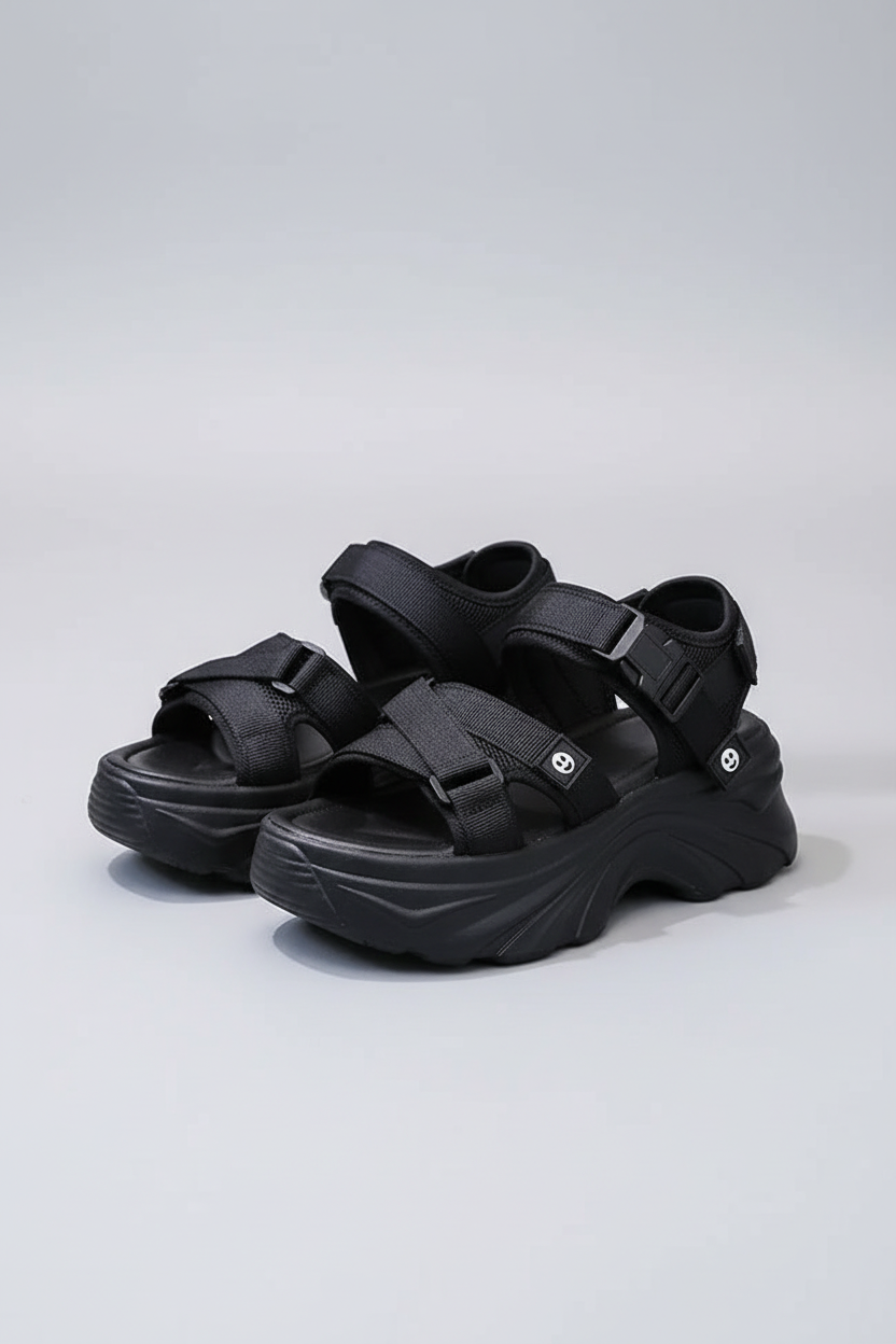 Wave molded platform sandals on feet - alternate view