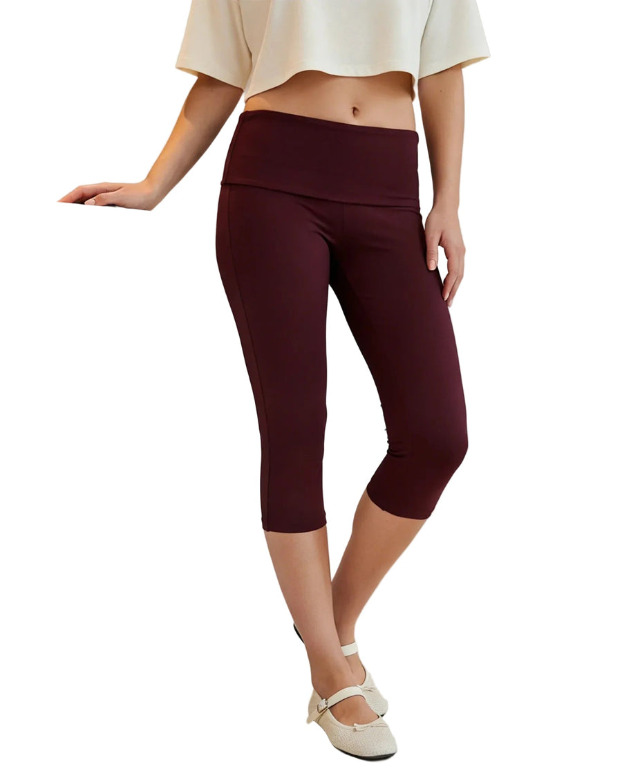 Low rise fold over capri pants on model - alternate view