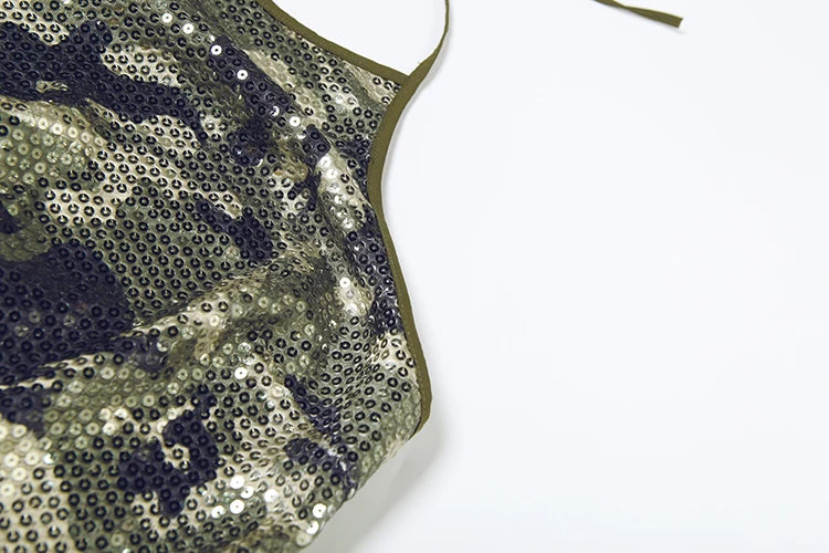 Camouflage sequin halter top on model - view 5
