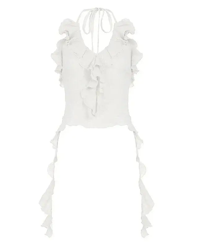 Ruffle hem halter top on model - detail shot