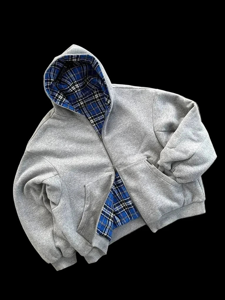 Reversible plaid zip hoodie on model - detail shot