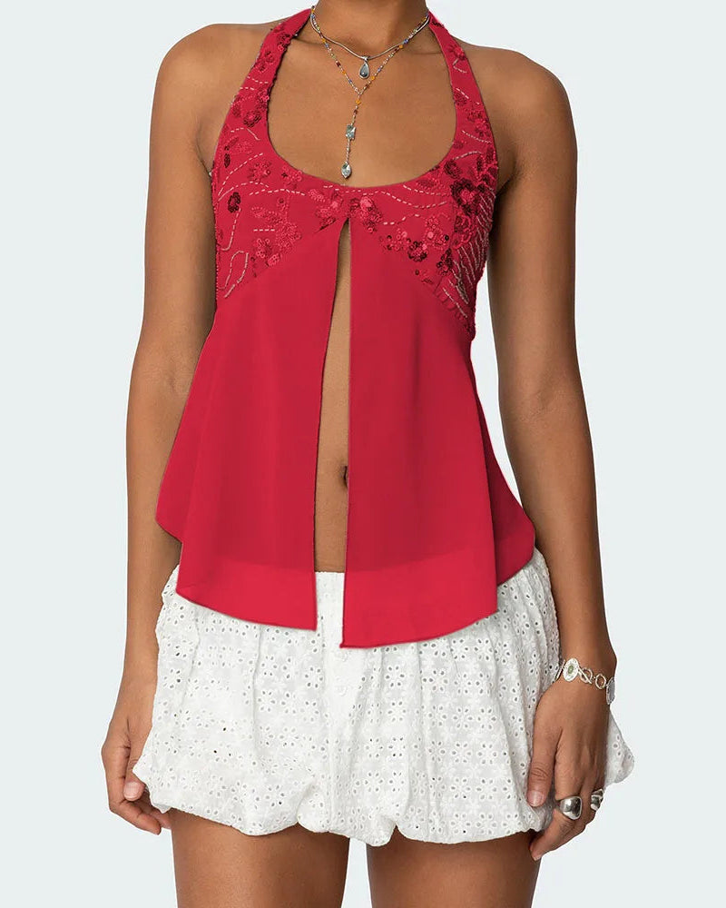 Open front sequin halter top on model - view 5