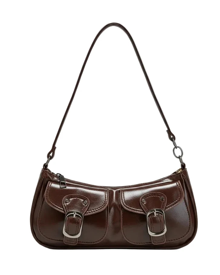 Double pocket buckle shoulder bag in red - styling view