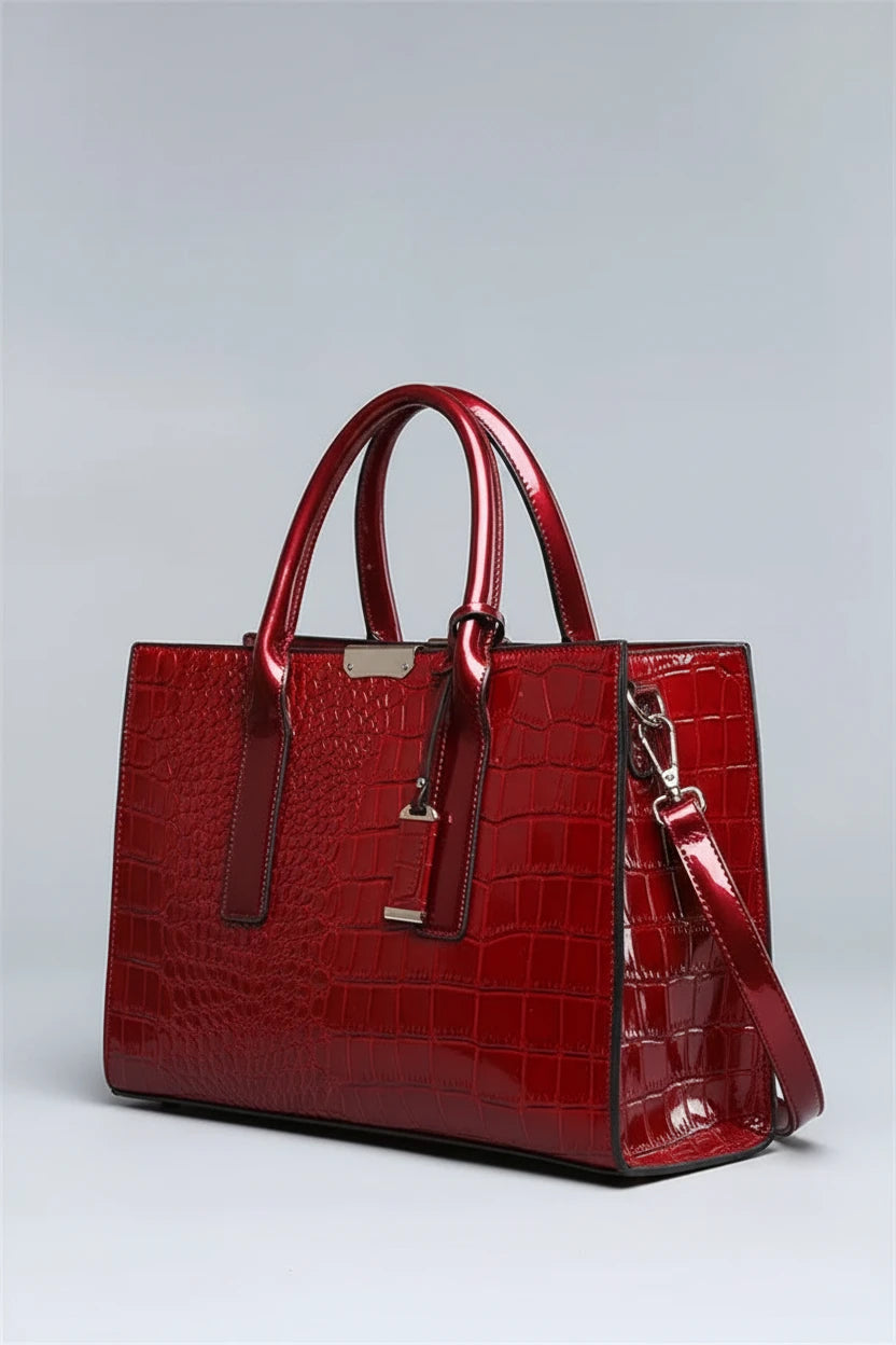 Croc texture tote handbag with gold hardware - view 5