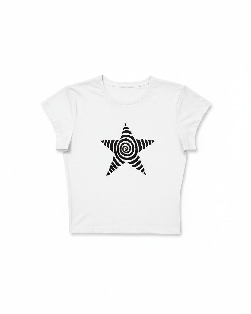 Spiral star graphic baby tee on model - detail shot
