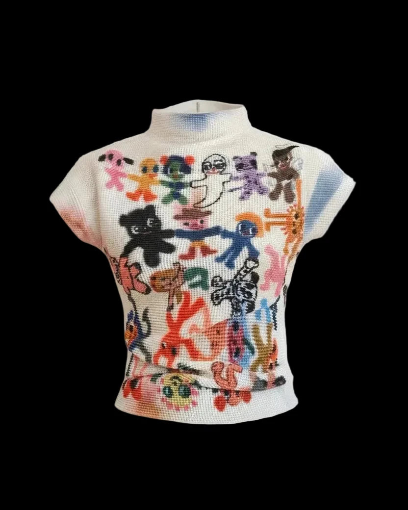 All-over koi print mock neck mesh top on model - view 5