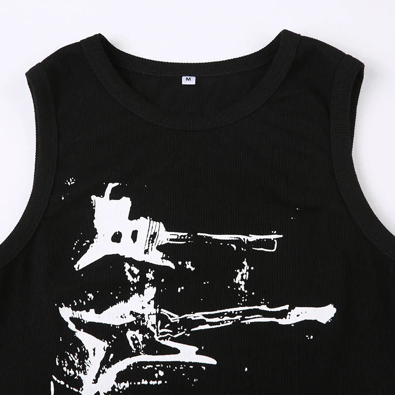 Guitar print ribbed tank top on model - view 14