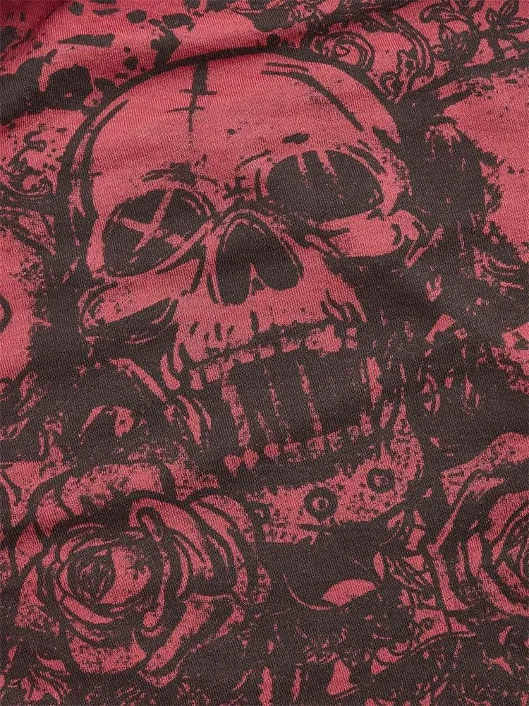 Skull print off-shoulder tube top on model - detail shot