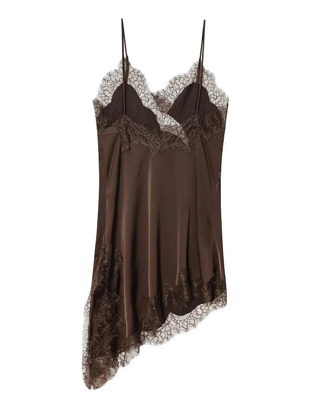 Asymmetrical lace satin slip dress on model - view 6