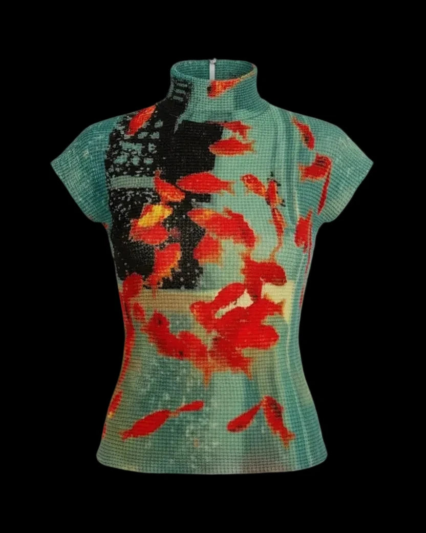 All-over koi print mock neck mesh top on model - detail shot