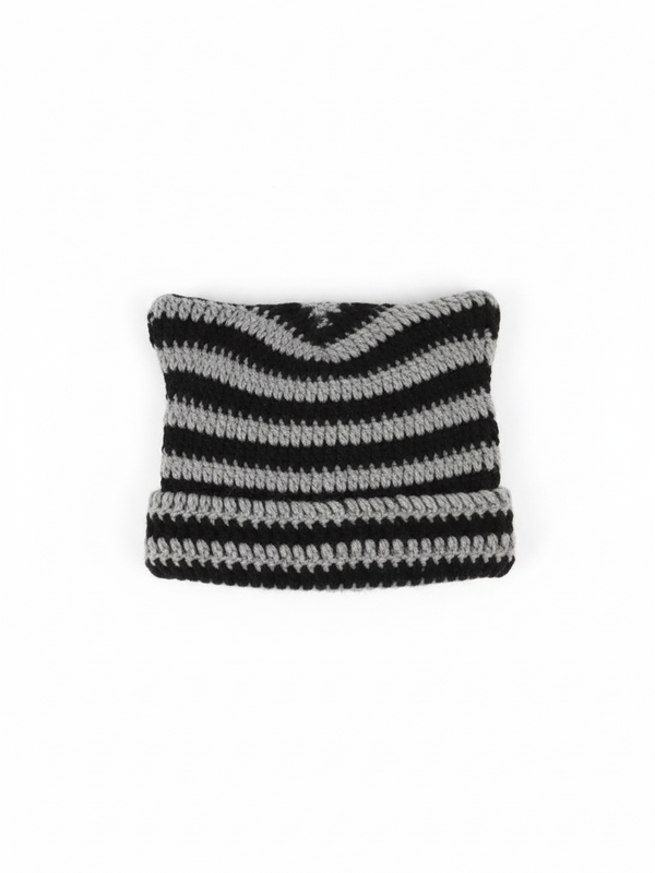 Cat ears striped knit beanie worn