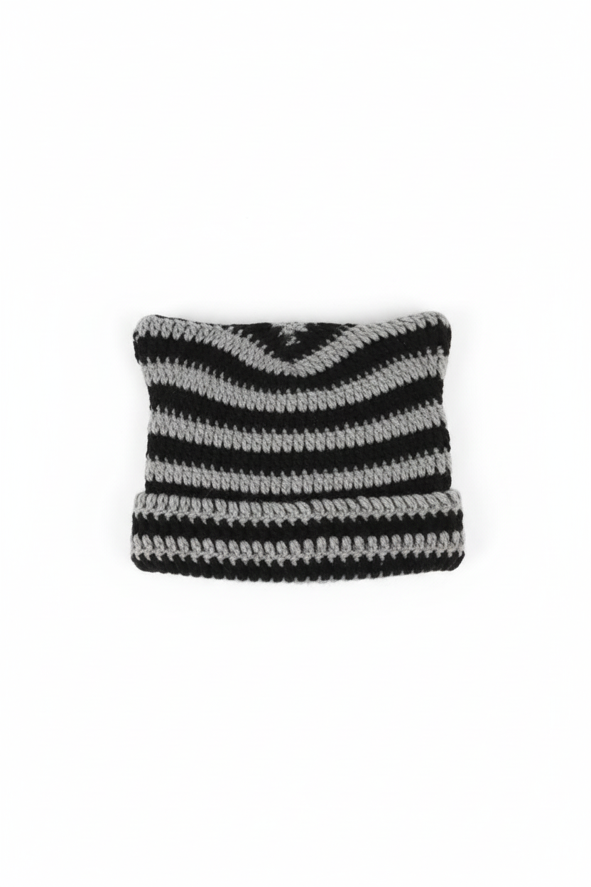 Cat ears striped knit beanie worn