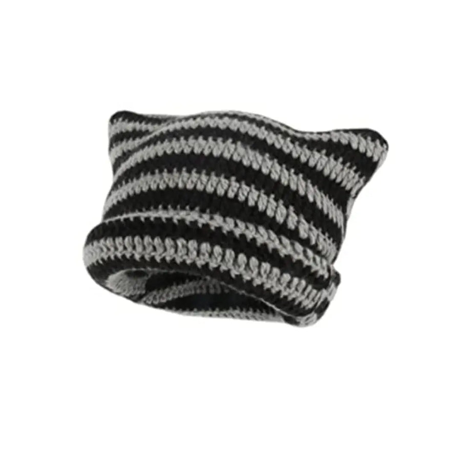 Cat ears striped knit beanie worn - alternate view