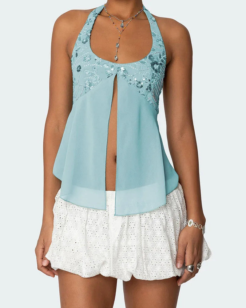 Open front sequin halter top on model - styling view