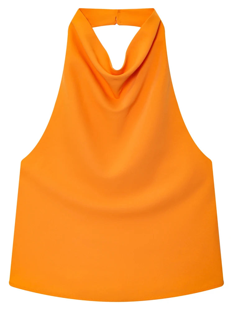 Satin backless halter top on model - view 10