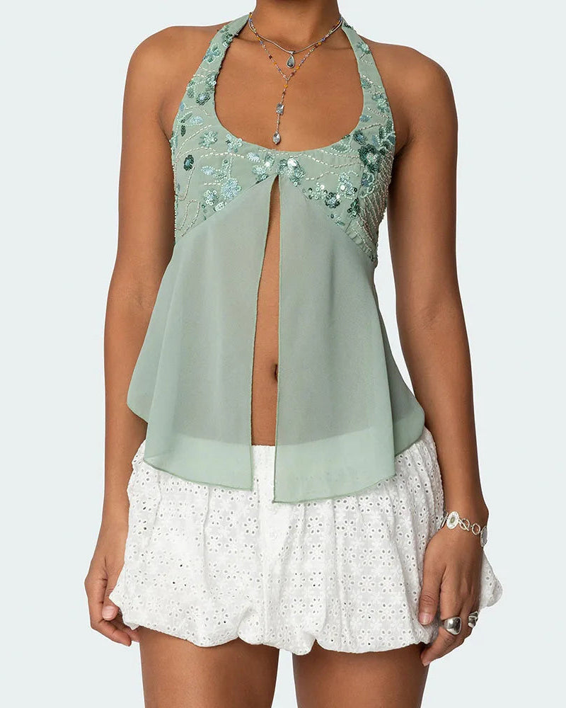 Open front sequin halter top on model - alternate view