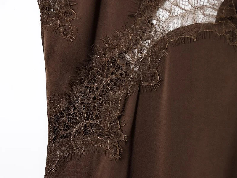 Asymmetrical lace satin slip dress on model - view 9