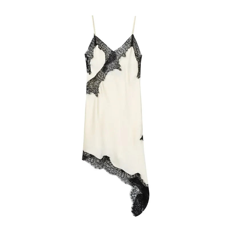 Asymmetrical lace satin slip dress on model - view 15