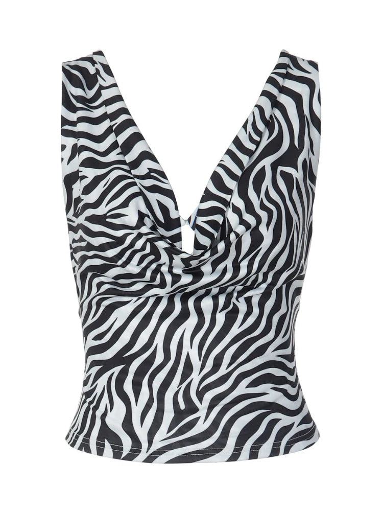 Zebra Print Draped Neck Backless Top
