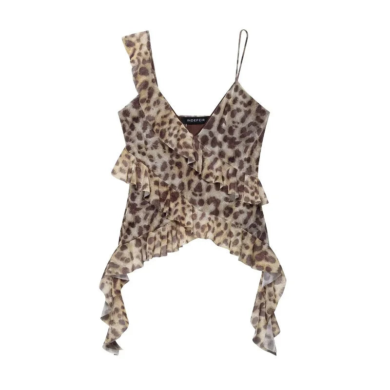 Print ruffle tulle top on model - alternate view