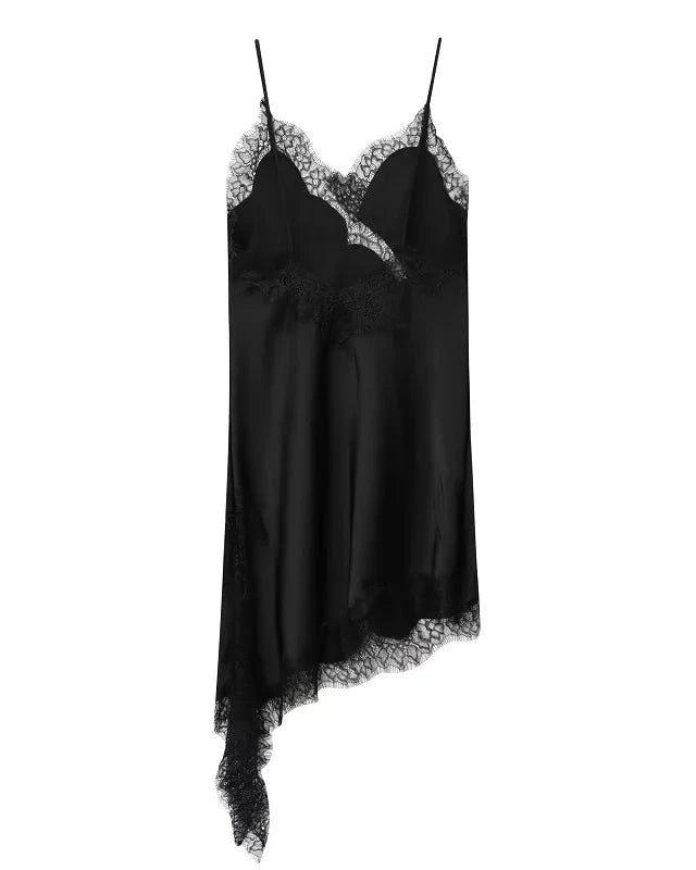 Asymmetrical lace satin slip dress on model