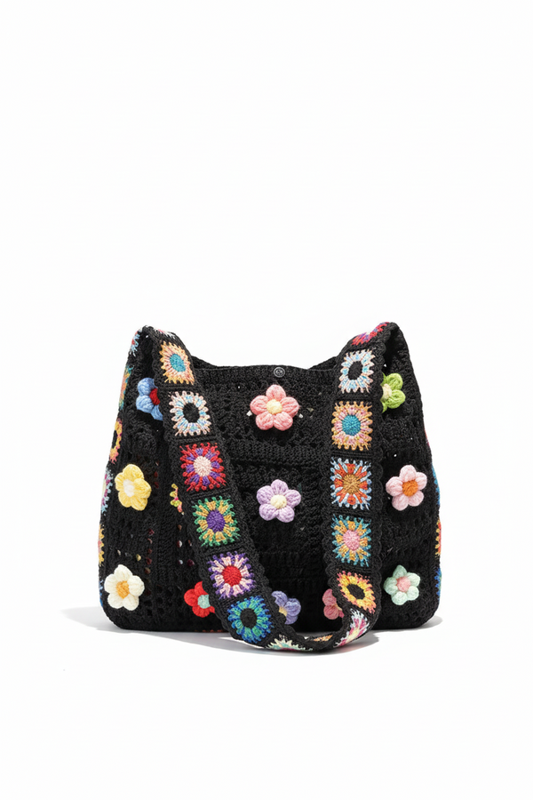 Crochet flower tote bag detail shot