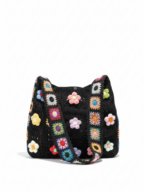 Crochet flower tote bag detail shot