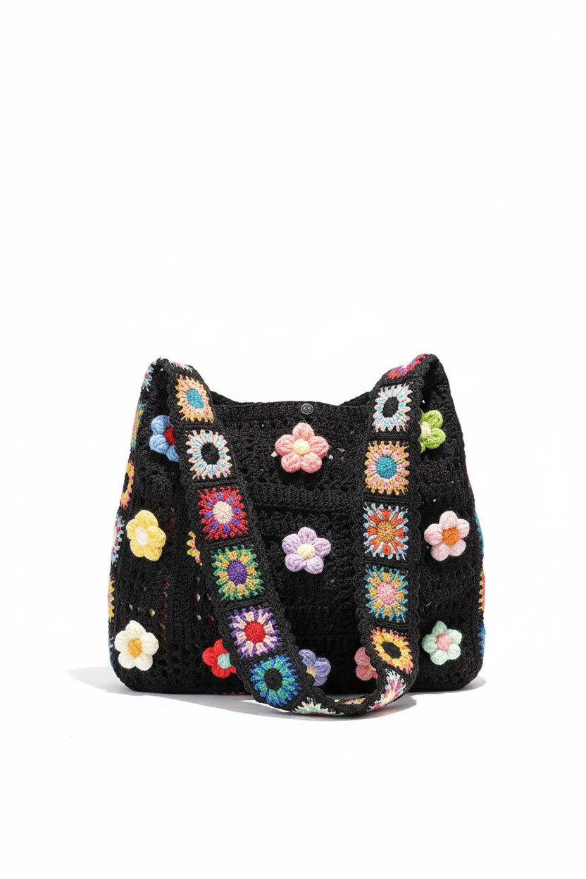 Crochet flower tote bag detail shot