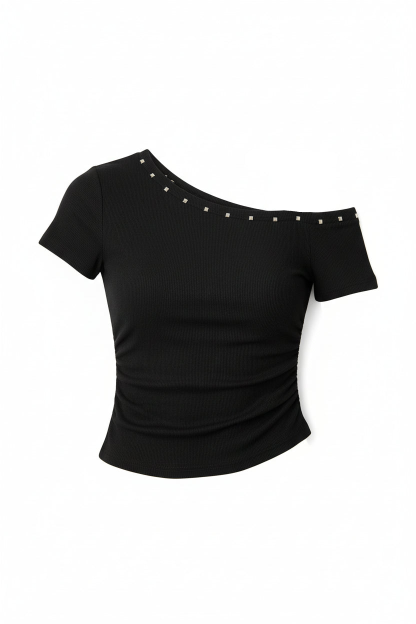 Off-shoulder asymmetric crop top on model