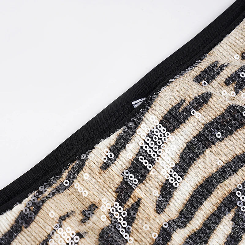 Sequin zebra print mini skirt on model - styling view