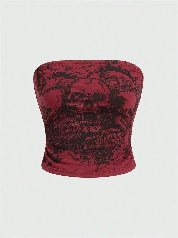 Skull print off-shoulder tube top on model