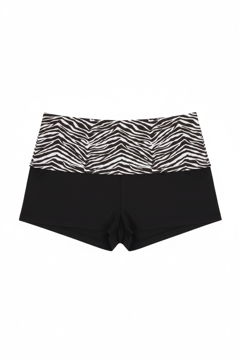 Low rise zebra print shorts on model