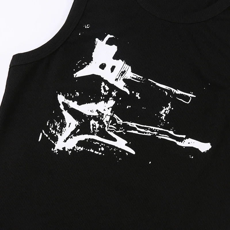 Guitar print ribbed tank top on model - view 15