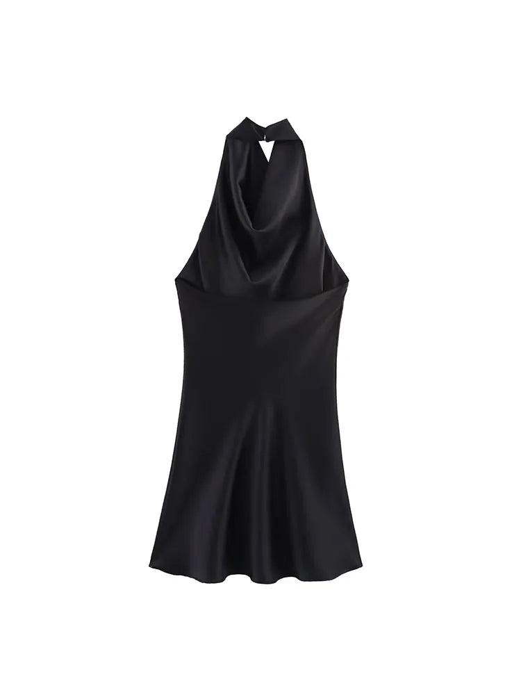 Satin halter mini dress on model - alternate view