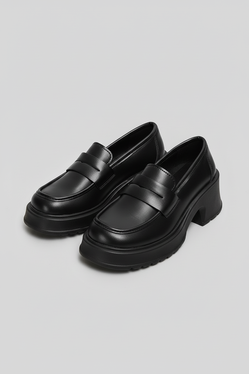 Platform penny loafers on feet