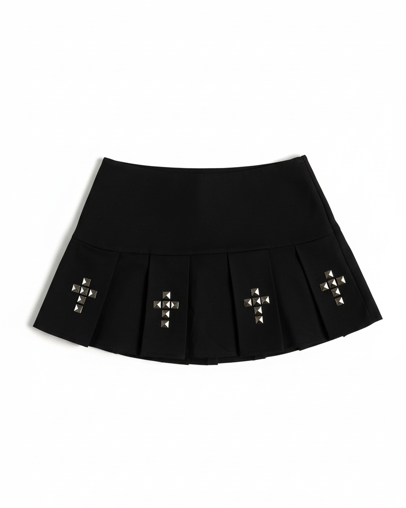 Studded pleated mini skirt on model - alternate view