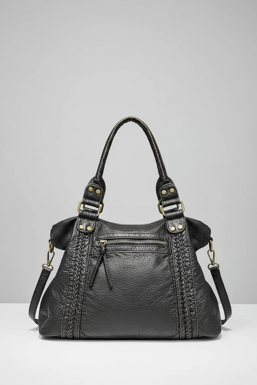 Washed leather motorcycle bag on shoulder - alternate view