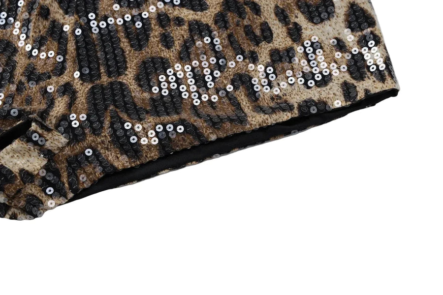 Sequin leopard print micro shorts on model - styling view