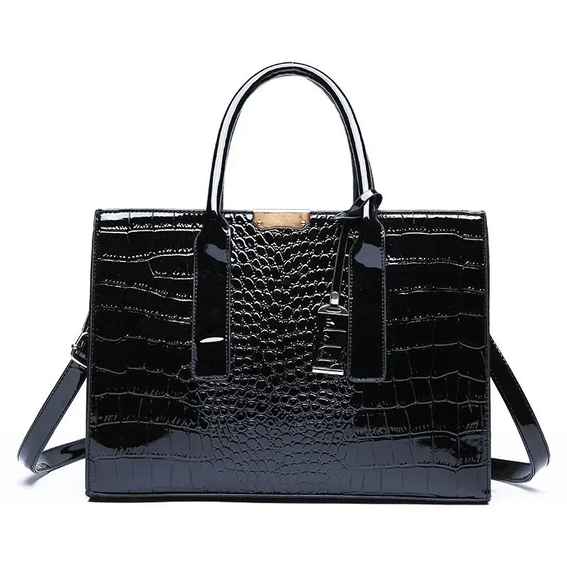 Croc texture tote handbag with gold hardware - view 12