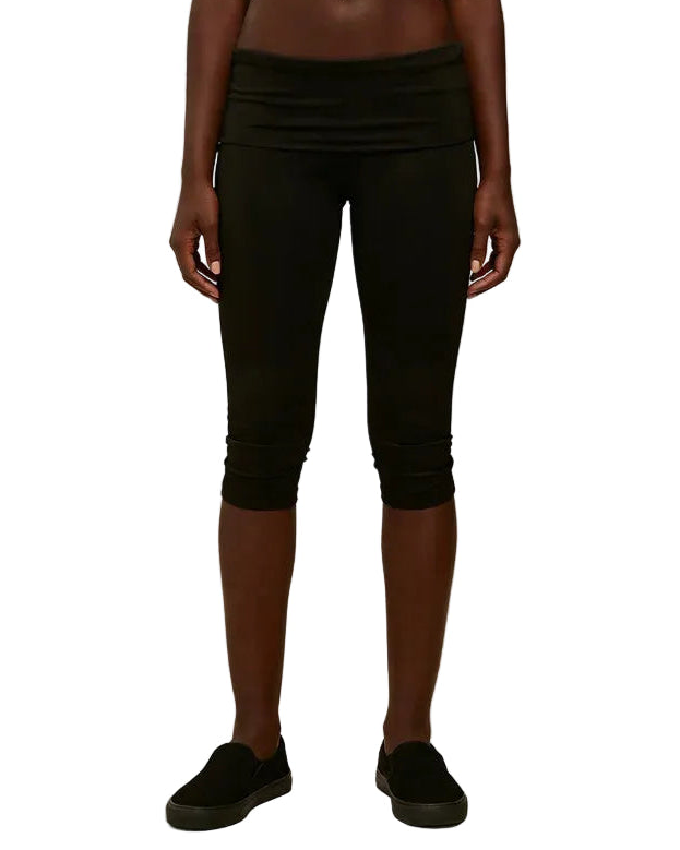 Low rise fold over capri pants on model - styling view