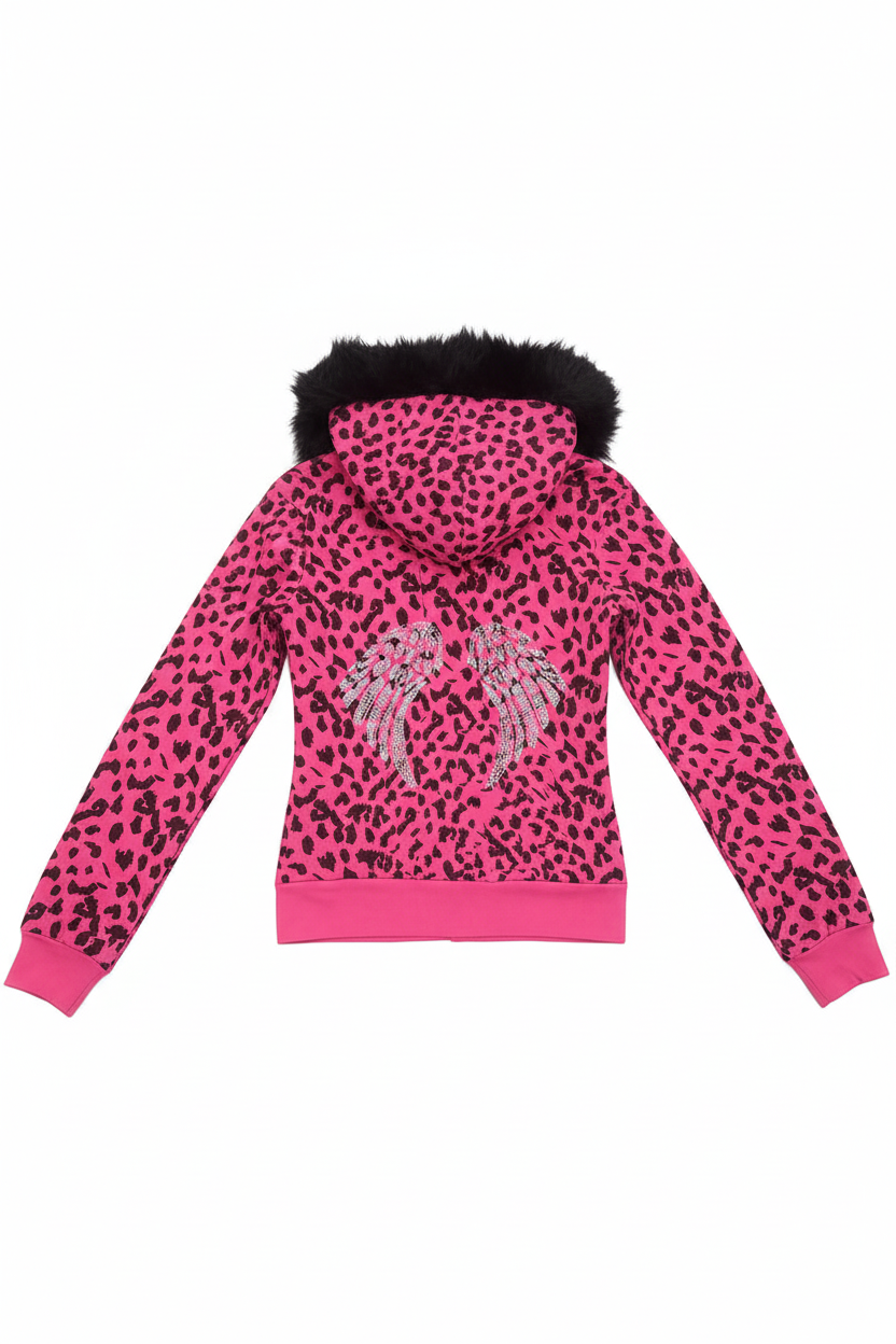 Leopard fur collar zip hoodie on model - view 8