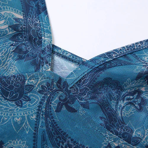 Sheer paisley mesh cami top on model - styling view