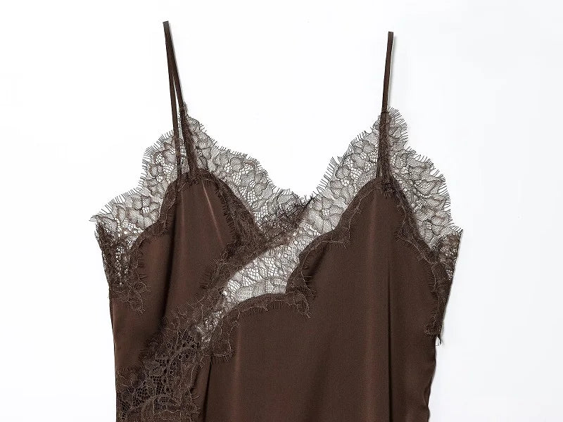 Asymmetrical lace satin slip dress on model - view 8