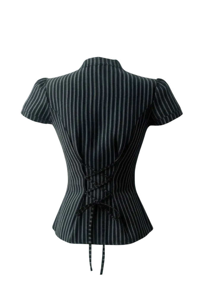 Pinstripe lace up back top on model - styling view
