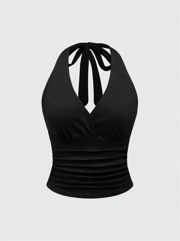 V-neck tie halter top on model - alternate view