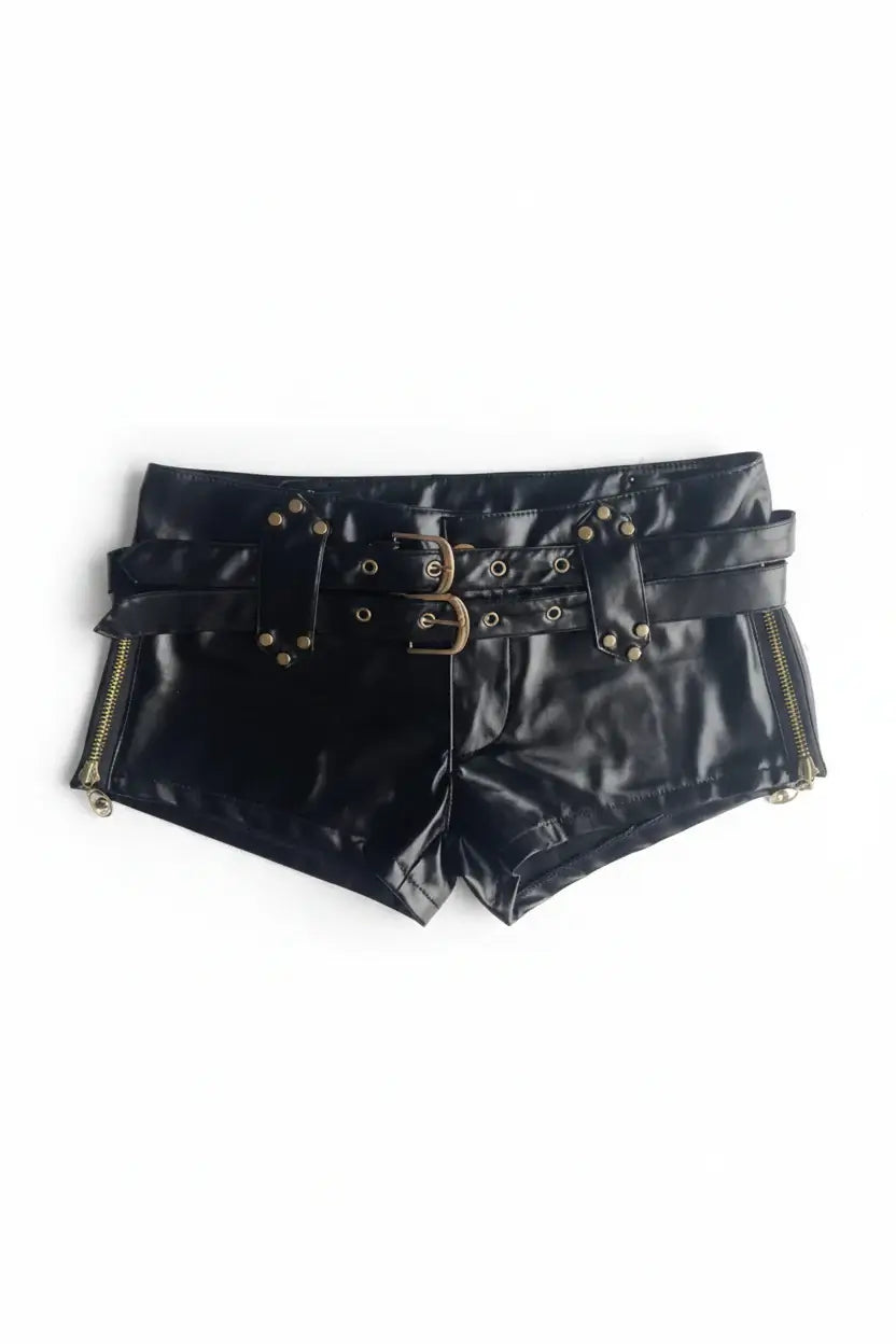 Low rise faux leather micro shorts on model - alternate view