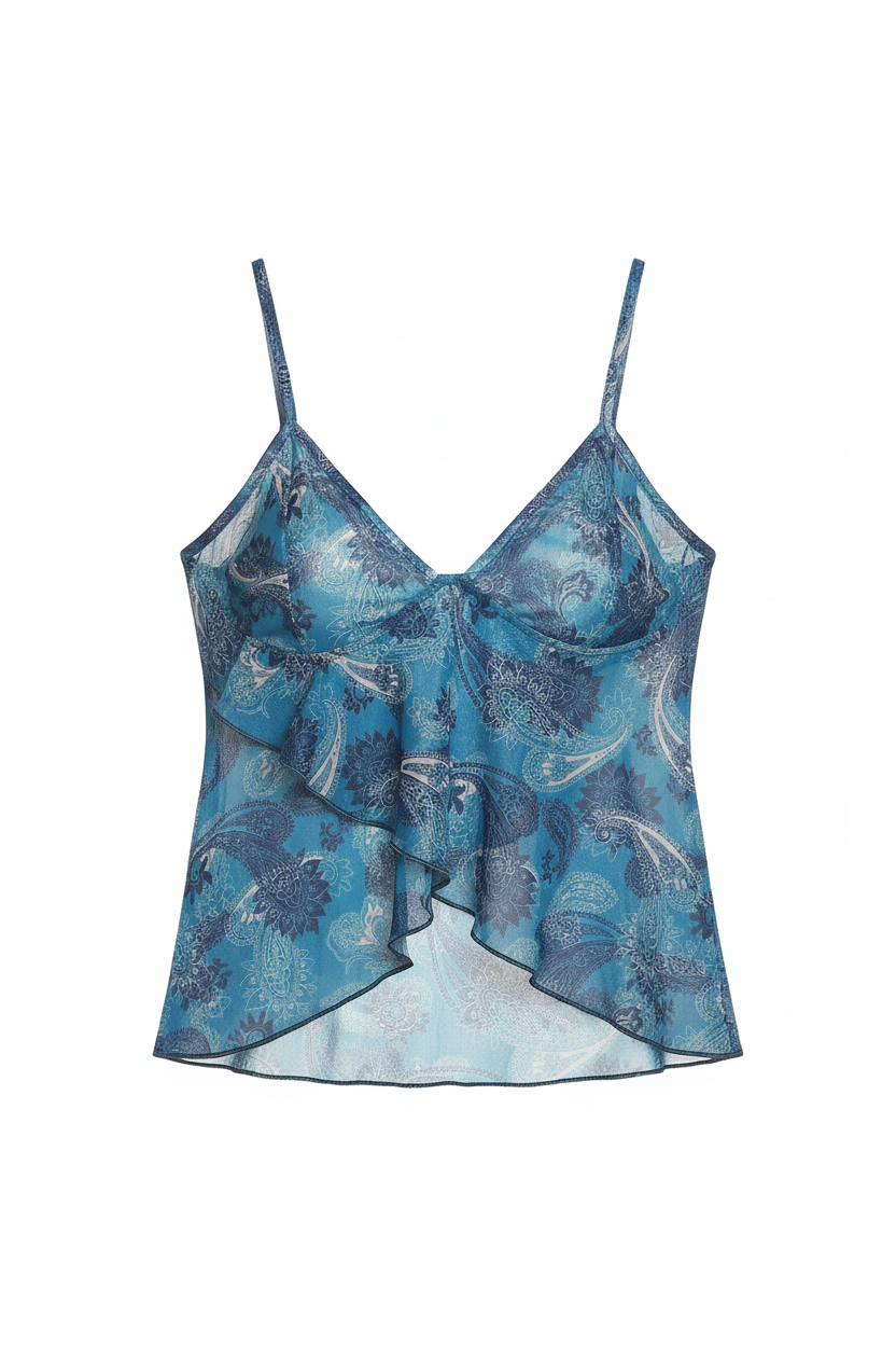 Sheer paisley mesh cami top on model - alternate view